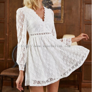 2022 Spring/summer V Lord teach sleeve high stretch A-word casual lace dress women