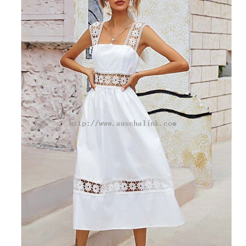 2022 Summer High-waisted Flared Eyelet Embroidered Back Zipper Strap Casual Dress for Women