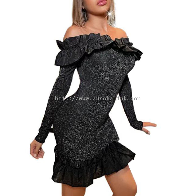 2022 New Design Long Sleeve Off Shoulder Flounces Hem Sequins Tight Party Dress for Women