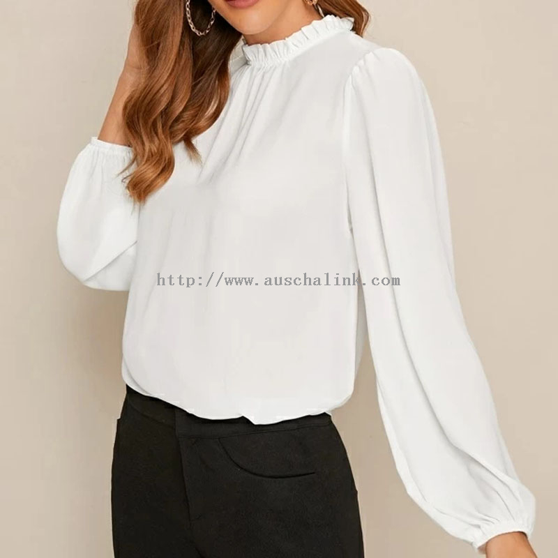 New Spring And Autumn Button Stand Collar Ruffled Collar Lantern Sleeve Elegant Blouse for Women