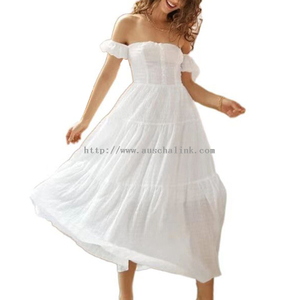 OEM/ODM New White Off-the-shoulder Button Front Parallel Crepe Sewn Beach Casual Dress for Women
