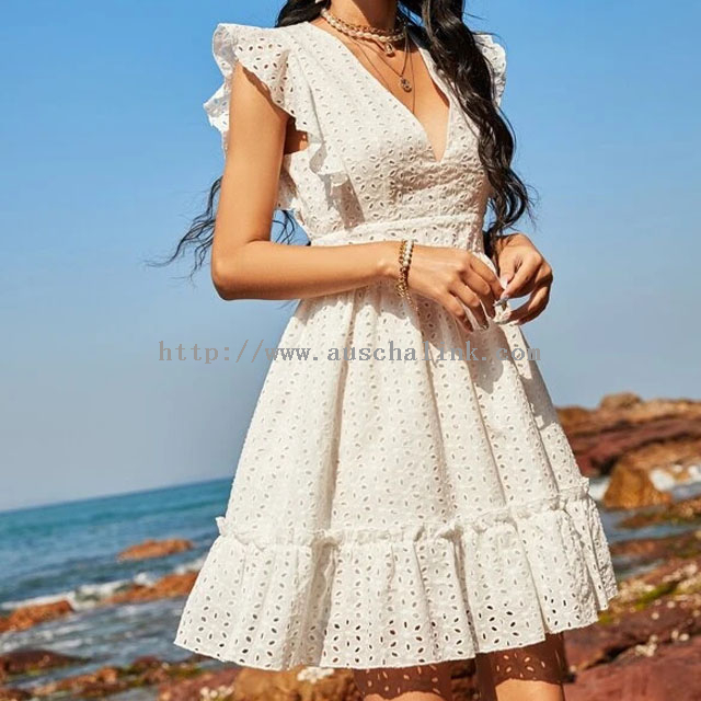 New Custom V-neck Mesh Embroidery Frilly White Casual Cotton Dress for Women