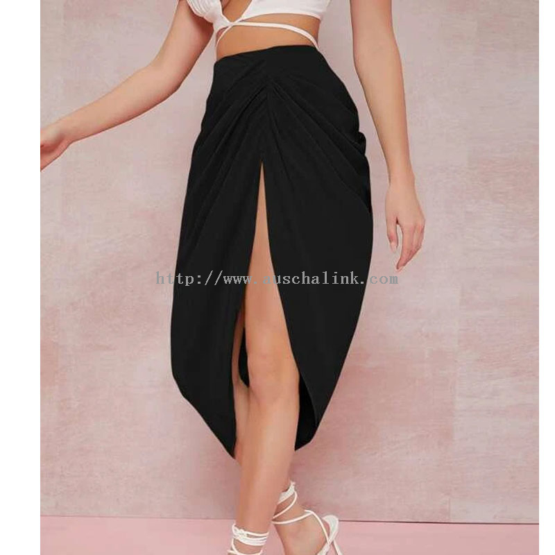 New Solid Color High Waist Ruffles High Slit Tight Mid Length Skirt for Women
