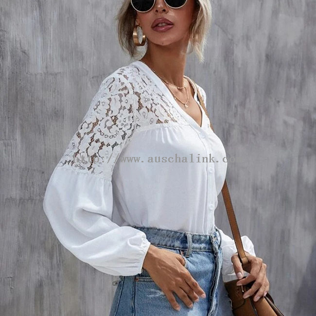 Spring And Autumn White V-neck Lace with Inlaid Lantern Sleeves Elegant Blouse for Women