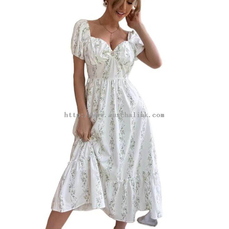 OEM/ODM Spring/summer Full-body Floral Sweetheart Collar Bubble Sleeve Beach Casual Dress Women