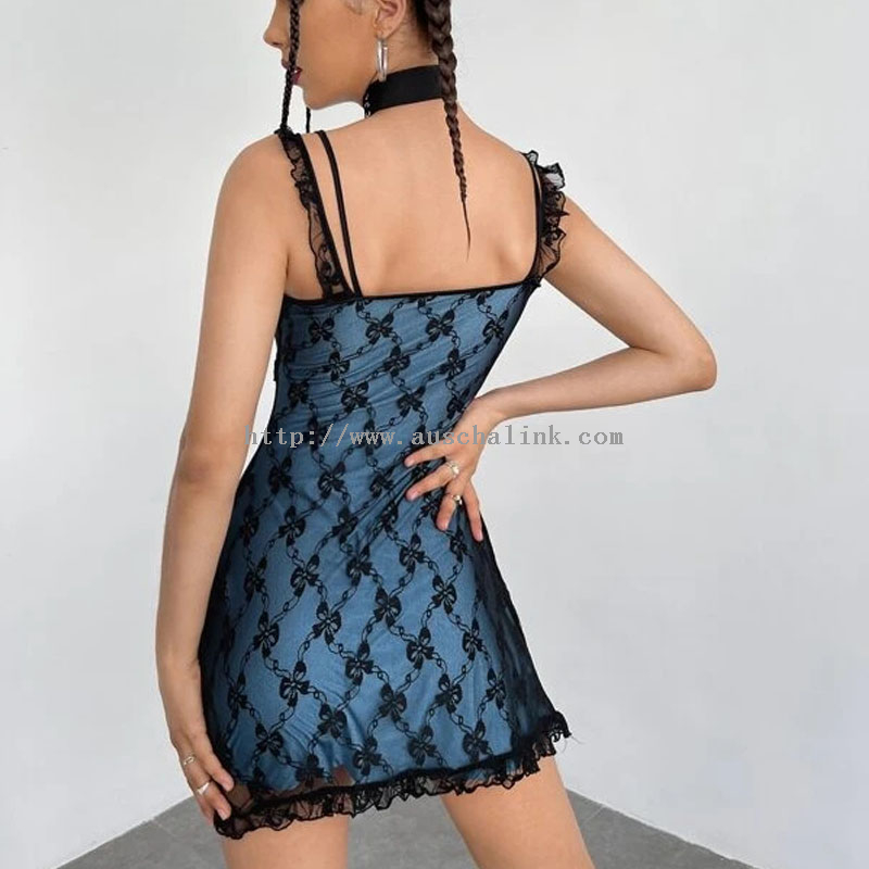 2022 New Design Sleeveless Bow Front Lettuce Trim Lace Halter Sexy Dress for Women