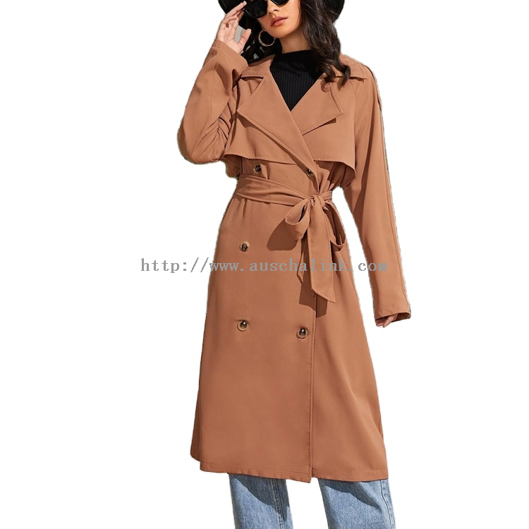  Spring And Autumn Elegant Lapel Cuff Belt Double Breasted Waist Long Trench Coat Women