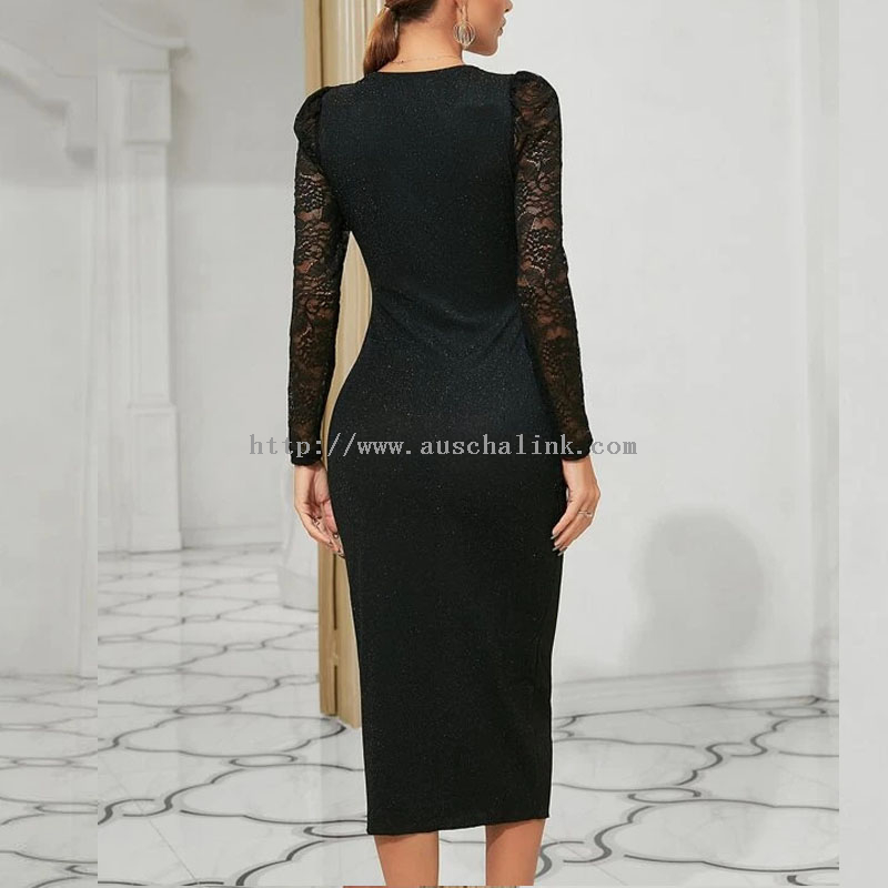 The New Design Pattern Contrast Color Lace Bubble Sleeve Sequins Tight Elegant Evening Dress for Women