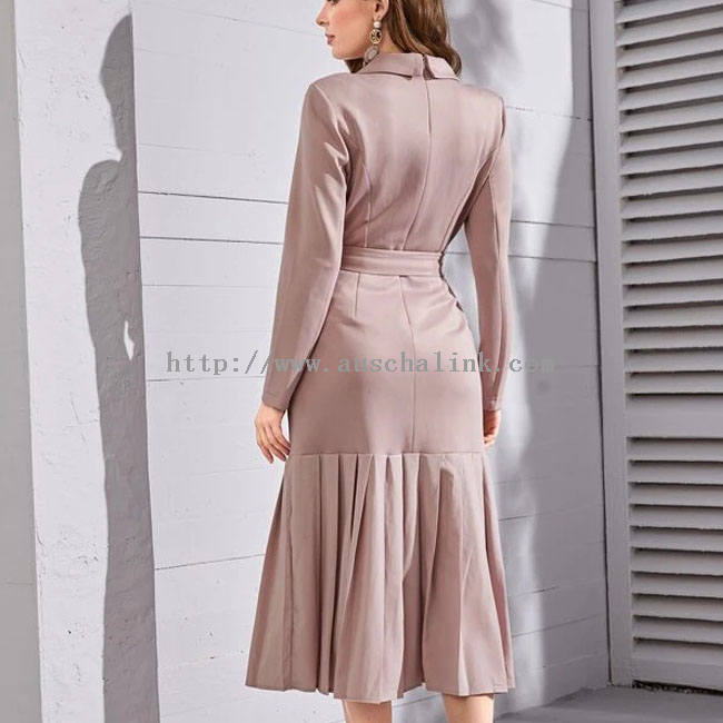 2022 New Double-breasted Shawl Collar Pleated Hem Belted Waist Carrer Suit Dress for Women