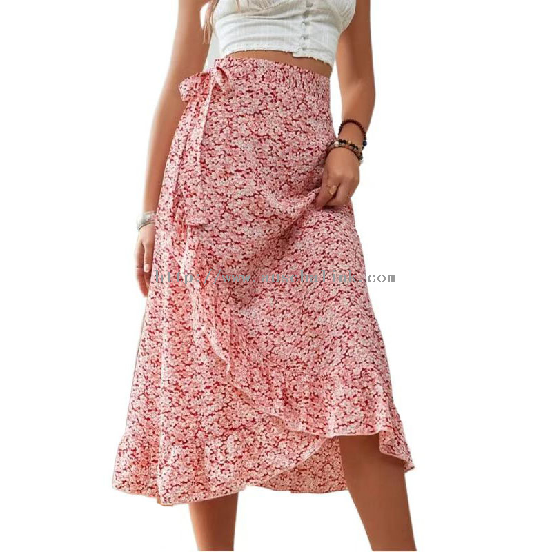 Newly Designed High-waisted Floral Print Flounces Hem Knot Side Skirt Elegant Skirt for Women