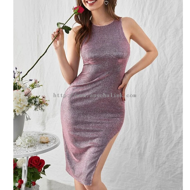 2022 Summer Sleeveless Round Neck Slit Sequins Tight Sexy Evening Dress for Women