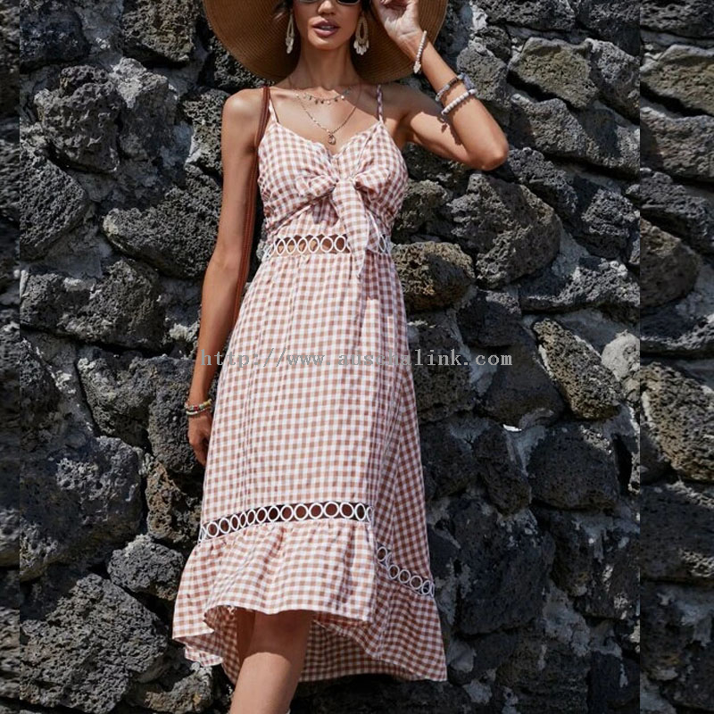 Summer 2022 Sweet Plaid Printed Knot with Flounces Bottom Hollow Halter Casual Dress Women