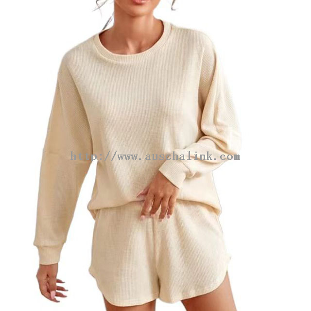 2021 NEW Loose Solid Color Round Neck Waffle Knit Off-the-shoulder Casual Loungewear Sets