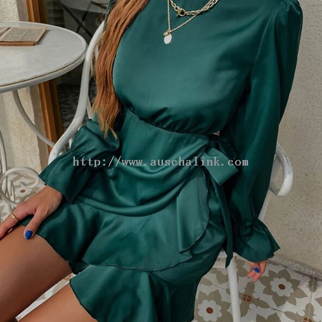 Spring And Summer New Round Collar Lotus Leaf Sleeve Lotus Leaf Edging Side Skirt High Waist Casual Dress