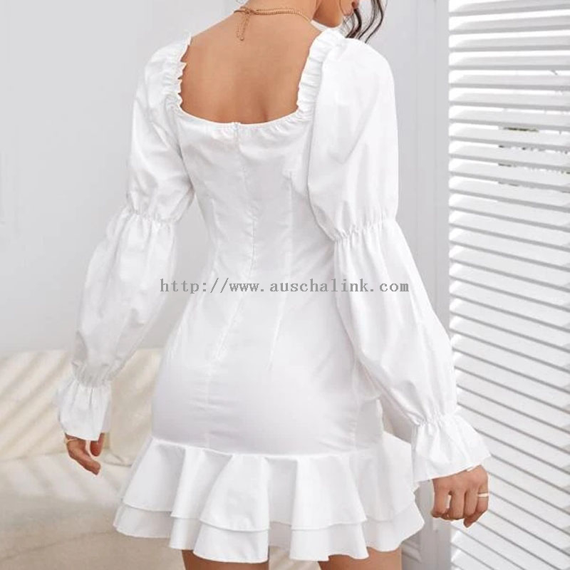 2022 New White Long-sleeve Ruffled Neckline Ruffled Flounces Hem Casual Dress for Women