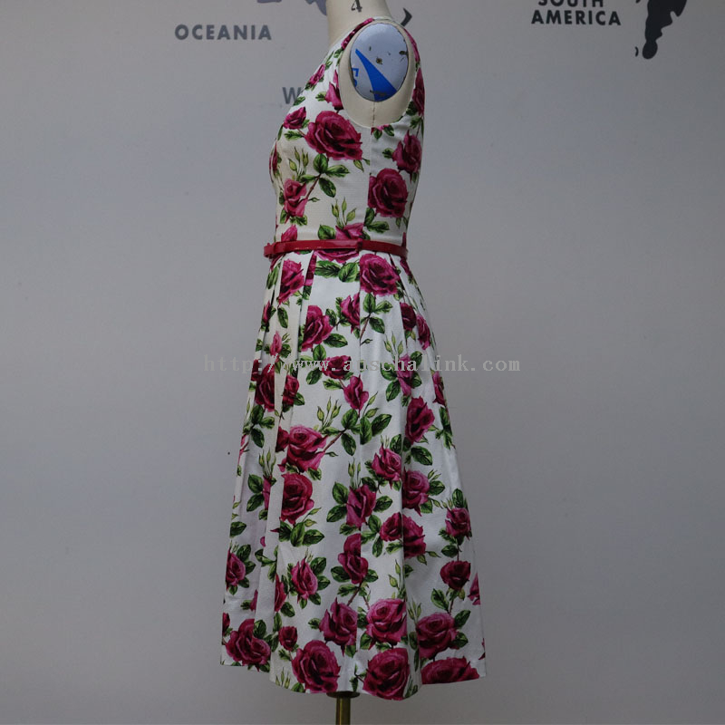 New Design Spring And Summer Sleeveless Round Collar Waist Bell Print Elegant Dress for Women