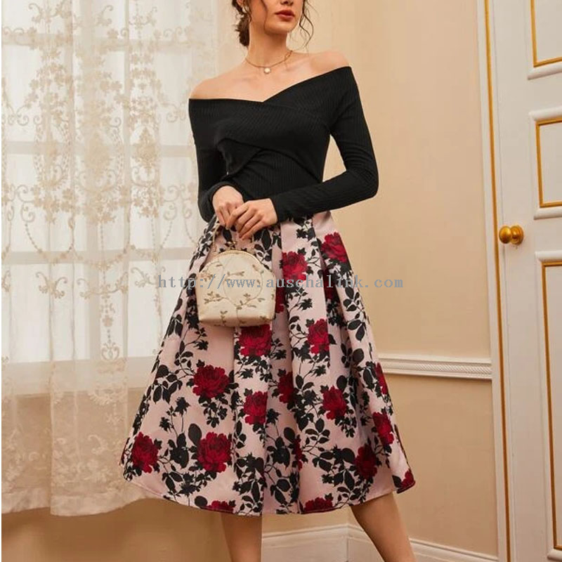 2022 Fashion Floral Stitching Shoulder Pleated Skirt High-waisted Bell Elegant Dress for Women